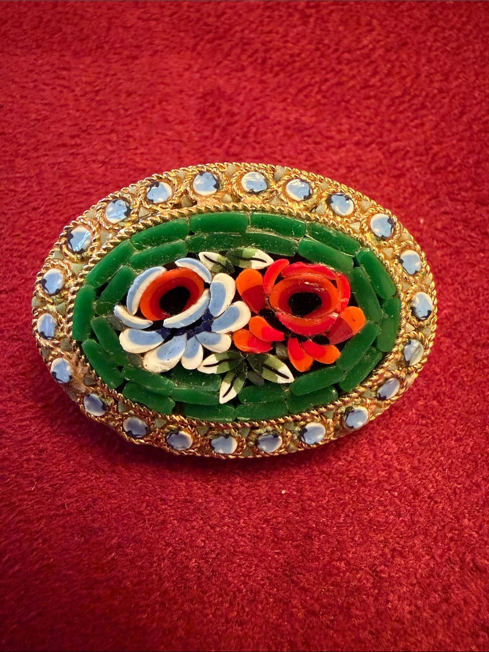 Vintage Floral Micro Mosaic Green, Red and blue Enamel Brooch